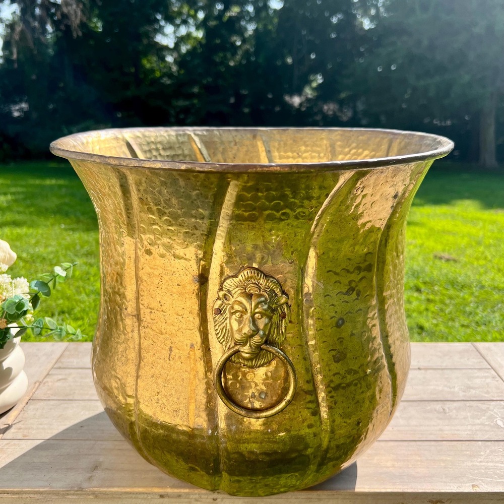 Large Vintage Brass Double Lion Head Planter